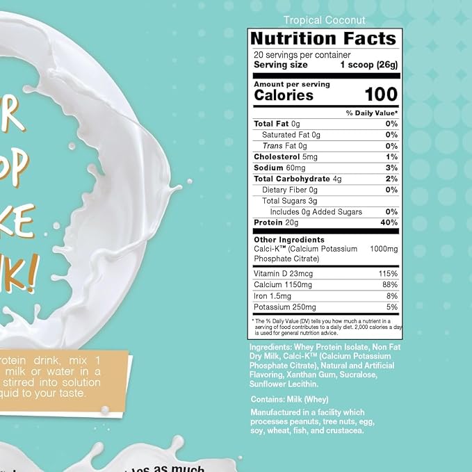 Bariatric Eating Inspire Tropical Coconut 20g Whey Protein Isolate Powder with Calcium