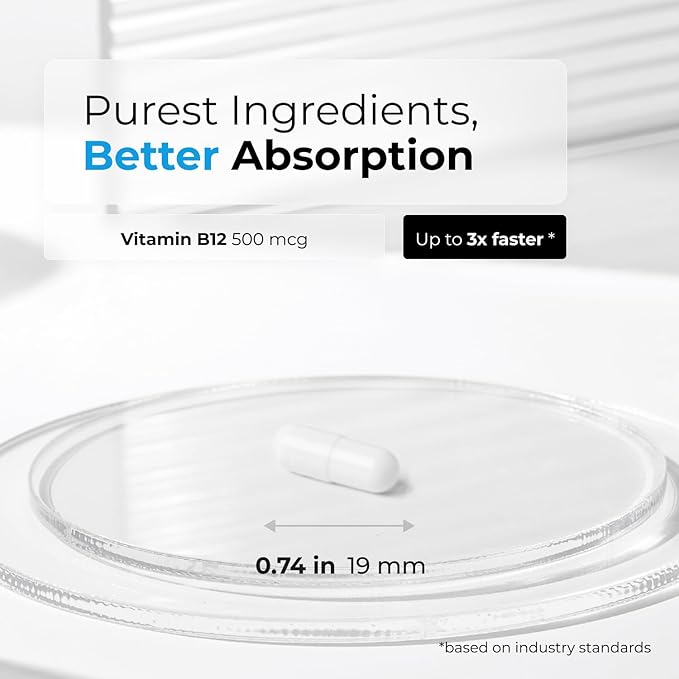 Vitamin B12 - as Methylcobalamin Supports Energy Metabolism Nervous System Health Blood Cell Function and Methylation - Non OGM Gluten-Free Vitamin Supplement 90 Capsules