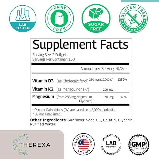 Vitamin D3 K2 Mangesium Supplement - Extra Strength with 10000 IU Vitamin D3 Magnesium Glycinate and 200 mcg K2 MK-7 Vitamin Supplements Complex for Women &amp Men - 300 Softgels