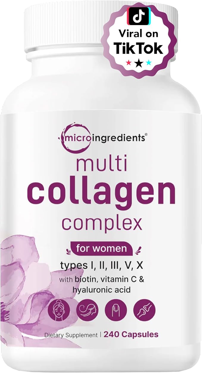 Micro Ingredients Multi Collagen Complex for Women &amp Lions Mane Supplement 240 Veggie Capsules Bundle 2 Pack | Grass-Fed Collagen Peptides | Superfood Mushroom Antioxidants with L-Ergothioneine