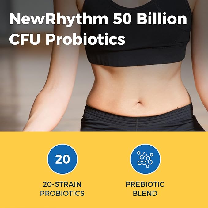 NewRhythm Probiotics 50 Billion CFU 20 Strains 120 Veggie Capsules Targeted Release Technology Stomach Acid Resistant No Need for Refrigeration Non-GMO No Gluten