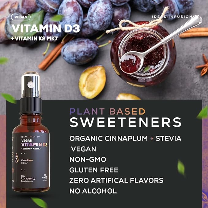 Ideal Infusion Vegan Vitamin D3 5000 iu with K2 (MK-7) Liquid Spray: Organic Plum with Cinnamon - Bone Health Immune Support Bone Structure (75 Servings)