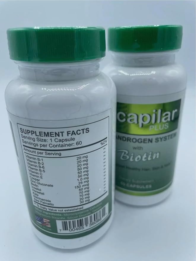Capilar Plus with Biotin | 2 Bottles x 60 Capsules (120 Total) | Anti-Androgen System | Daily Use Dietary Supplement | for Hair Skin &amp Nail Support | 2-Month Supply