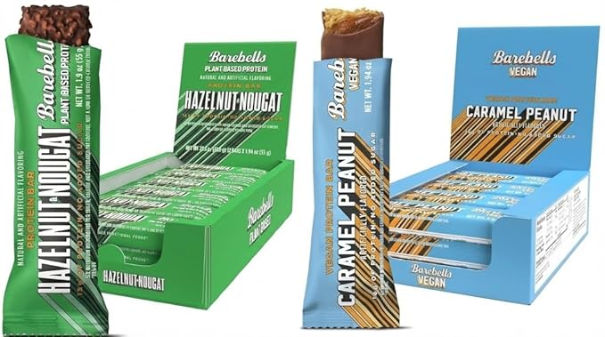 Barebells Vegan Protein Bars Hazelnut-Nougat &amp Peanut Caramel - 24 count 15g of Plant-Based High Protein Treats - Chocolate Nutrition Bar with 1g Total Sugar - On The Go Breakfast or Post-Workout