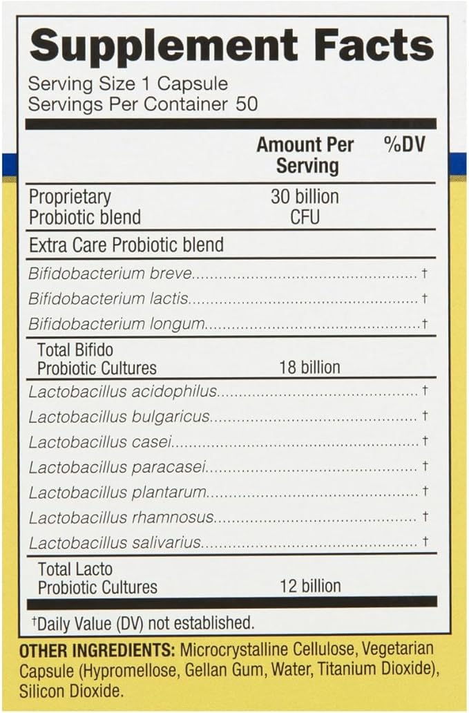 Equate Extra Care Probiotic Delayed-Release Capsules 30 Billion CFU 10 Strains 50 Count Sticker