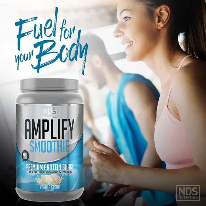 AMPLIFY NDS Nutrition Smoothie Premium Whey Protein Powder Shake with Added Greens and Amino Acids - Build Lean Muscle Gain Strength Lasting Energy and Lose Fat - Vanilla (30 Servings)