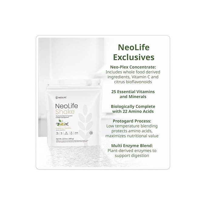NeoLife - NeoLifeShake - Meal Replacement Shake Powder 25 Vitamins &amp Minerals 22 Amino Acids High Protein Nutrition &amp 5gr Fiber Protein Powder for Shakes - Creamy Vanilla Weight 22.8 oz (