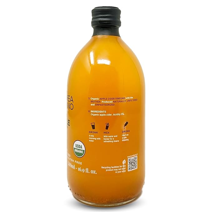 Andrea Milano Organic Apple Cider Vinegar – Raw Italian Natural Vinegar with the Mother Unfiltered Unpasteurized Non-GMO Vegan Bulk Glass Bottle (16.9 fl oz(Pack of 3))