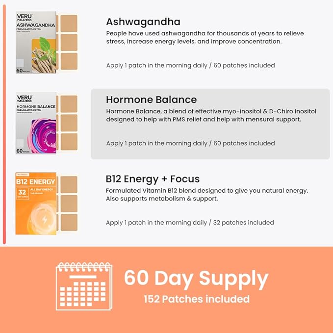 Veru Wellness Hormonal Balance Patch for Women Compete Bundle - Myo-Inositol &amp D-Chiro Ashwagandha B12 Energy - PMS Relief Mensural Support Mood Stress and Energy (2 Month)