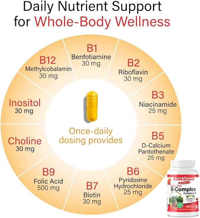 Nutridom Fortified Vitamin B-Complex 200 mg 120 Count All Vegan B-Vitamins Including B12 B1 B2 B3 B4 B5 B6 B7 (Biotin) B8 (Inositol) B9 (Folic Acid)