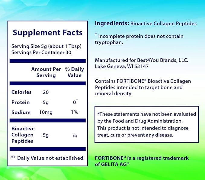Collagen Bioactive Hydrolyzed Collagen Peptides Powder Supplement FORTIBONE® Unflavored Type 1 and 3 Gluten Free Kosher 90 Day Supply (3 Pack)