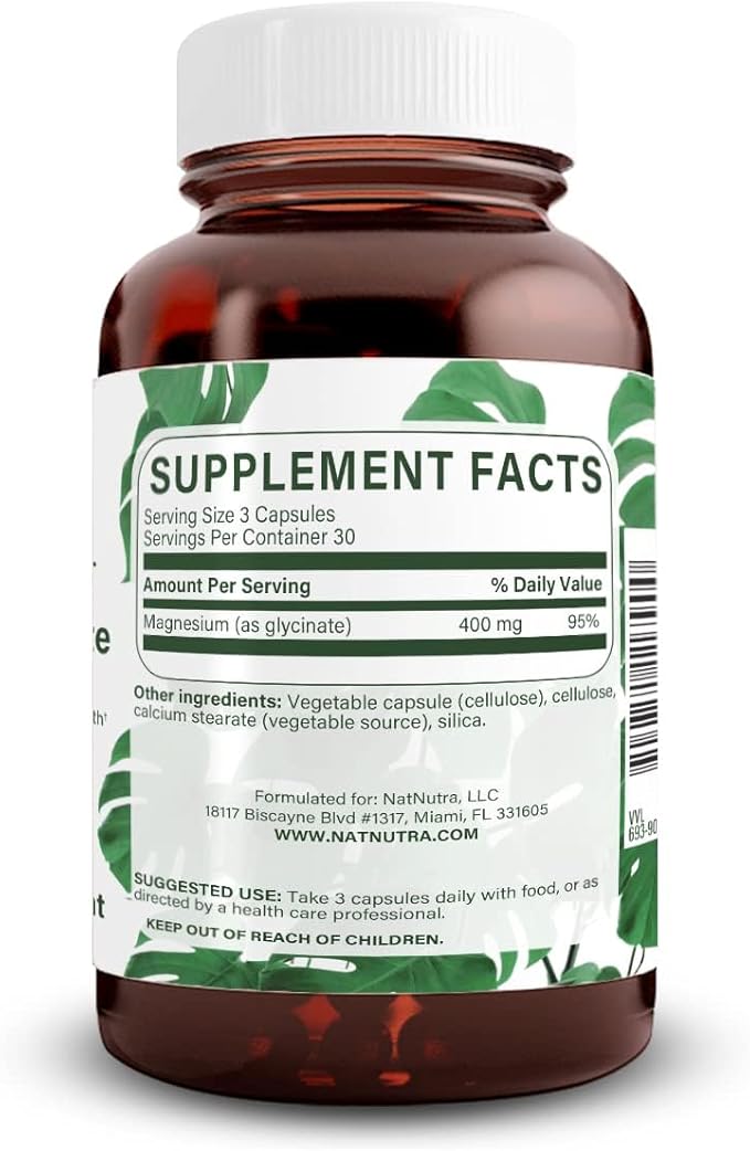 Natural Nutra Magnesium Glycinate 400 mg Supplement Promotes Cardiovascular Health Vegan Helps Improve Bone Health Soy Free 90 Capsules