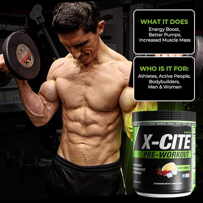 X-CITE Pre-Workout by ATHLEAN-X - Enhanced Formula with Beta-Alanine Creatine &amp Caffeine for Ultimate Energy Endurance Focus &amp Muscle Pump NSF Certified for Sports (Cherry Lemon Ice)