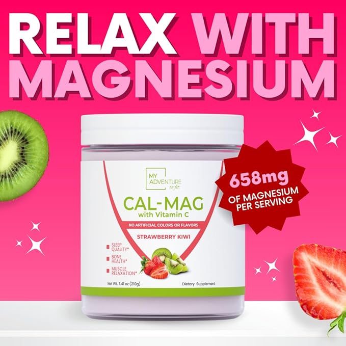 Calcium Magnesium Powder Supplement - Magnesium Calcium Carbonate Powder for Strong Bones - Natural Magnesium Powder for Sleep Quality - Magnesium Citrate Powder (Strawberry Kiwi30 Servings)