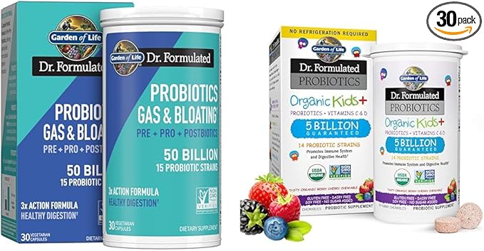 Garden of Life Dr Formulated Once Daily 3-in-1 Complete Prebiotics Postbiotics &amp Probiotics &amp Dr. Formulated Probiotics Organic Kids+ Plus Vitamin C &amp D - Berry Cherry