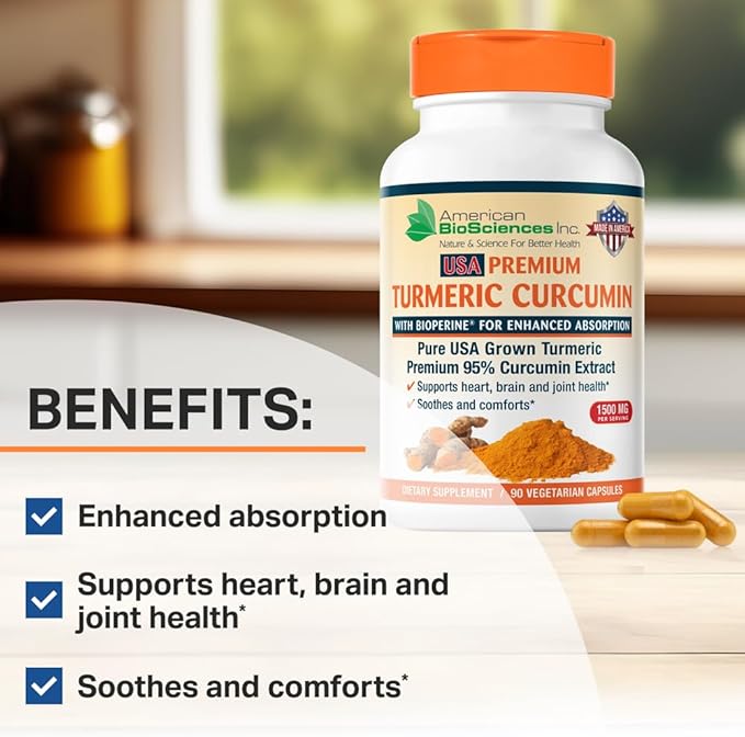 Pure USA Grown Premium Turmeric Curcumin with BioPerine 1500mg - 95% Standardized Curcuminoids &amp Black Pepper Extract for Enhanced Absorption - Natural Joint Support - 90 Capsules