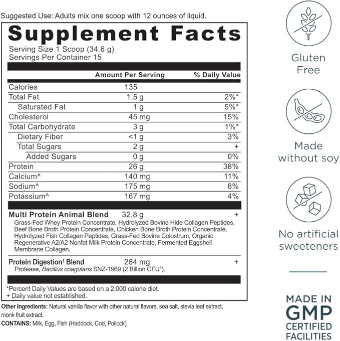 Ancient Nutrition Multi Protein Animal Based Powder 26g Protein Grass Fed Whey Bone Broth Collagen Peptides Colostrum &amp Probiotics Supports Joint &amp Gut Health Vanilla 15 Servings