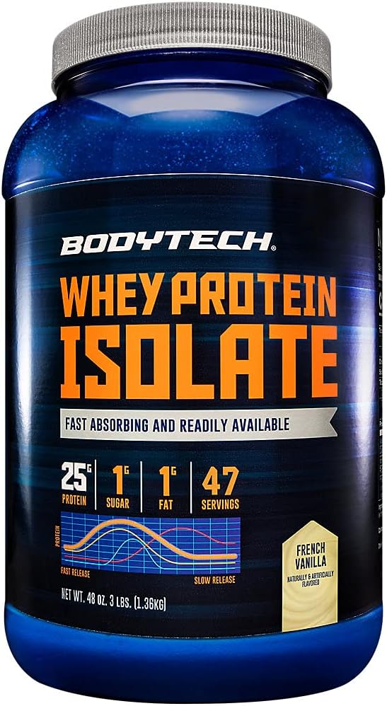 BodyTech Whey Protein Isolate Powder Vanilla Flavor 25g Protein per Serving High Concentrated Protein Powder with Amino Acids &amp BCAAs for Men and Women Gluten Free 3 lbs 47 Servings