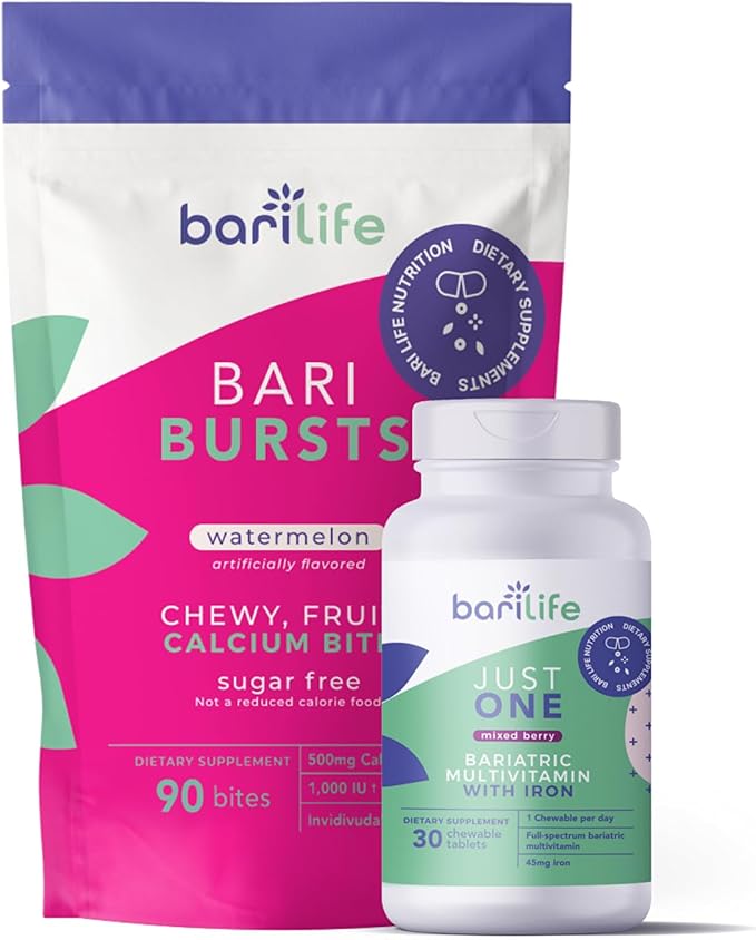 Bari Life Just One Chewable: Once Daily Bariatric Multivitamin + Iron and and BariBurst Calcium Citrate Soft Chews for Gastric Bypass Gastric Sleeve and Duodenal Switch (Watermelon)