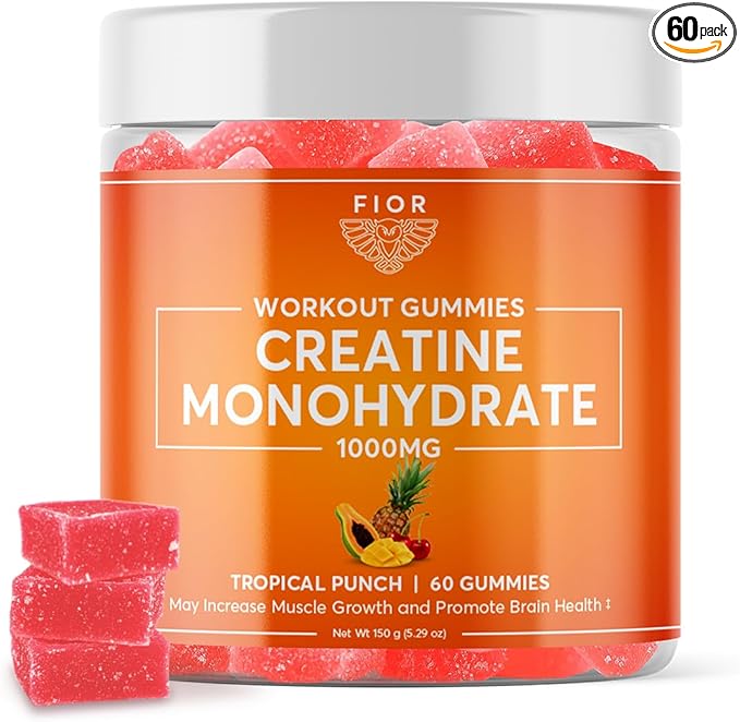 FIOR Creatine Gummy - Best Creatine Monohydrate Chewable 60 Count Workout &amp Protein Supplement Cognitive Enhancement Tropical Punch Flavor 30 Servings