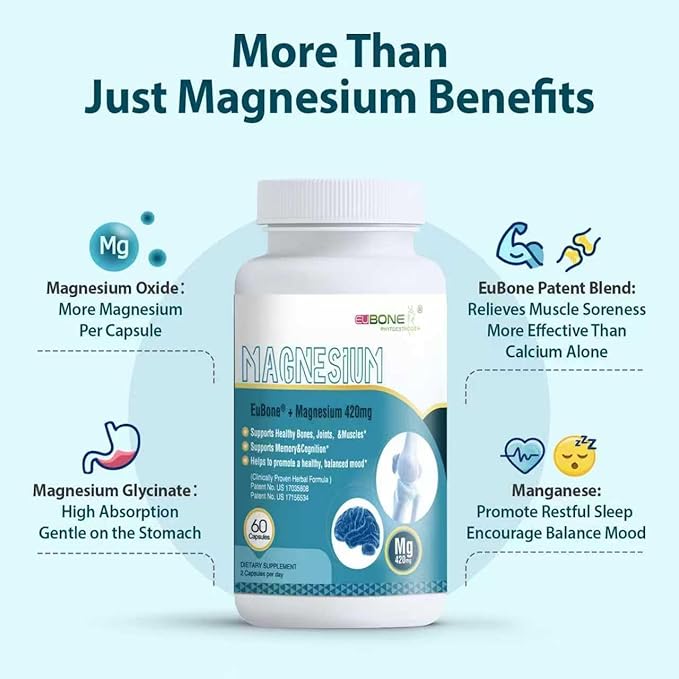 Magnesium Oxide and Glycinate Extra Strength 420mg High Absorption Magnesium Supplement with EuBone and Manganese Support Muscle Joint &amp Bone Health Improve Mood &amp Cognitive 60 Capsules