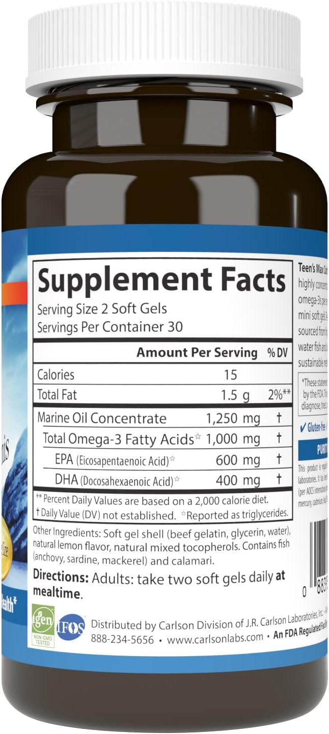 Carlson - Teen's Max Catch Minis 1000 mg Omega-3s Brain Health Vision Support Mood Health 60 Softgels