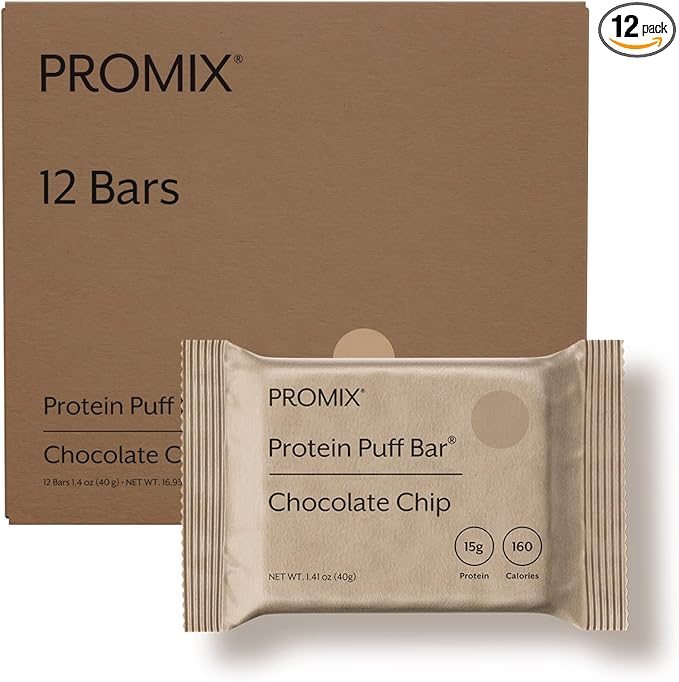 ProMix Nutrition Protein Puff Bars 12-Pack - Chocolate Chip - Marshmallow Crispy Treat - Great Tasting &amp Healthy On The Go Snack - High Protein &amp Low Calorie - Non-GMO &amp Free From Gluten