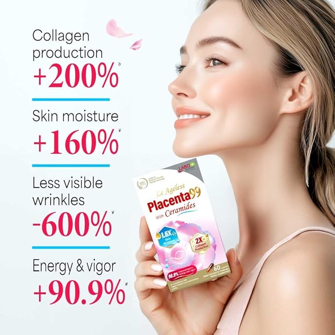 LABO Nutrition Le Ageless Placenta 99 with Ceramides -Placenta Supplement with Collagen Peptides Oryza Ceramides -Skin Regeneration Hydration Anti-Aging Wrinkle Support Immune Health 60 Capsules