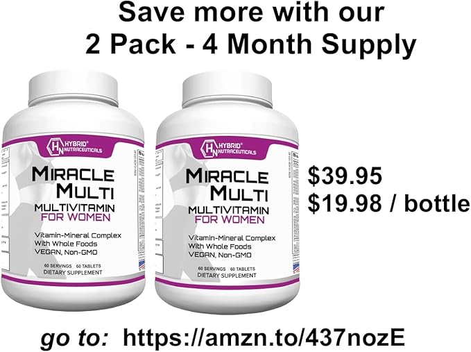 Hybrid Nutraceuticals MiracleMulti Women Multivitamin with Probiotics Biotin Folic Acid Enzymes + Fruit &amp Vegetable Blend - Immune Support Heart Health Energy: 60 Servings (Non-GMO)