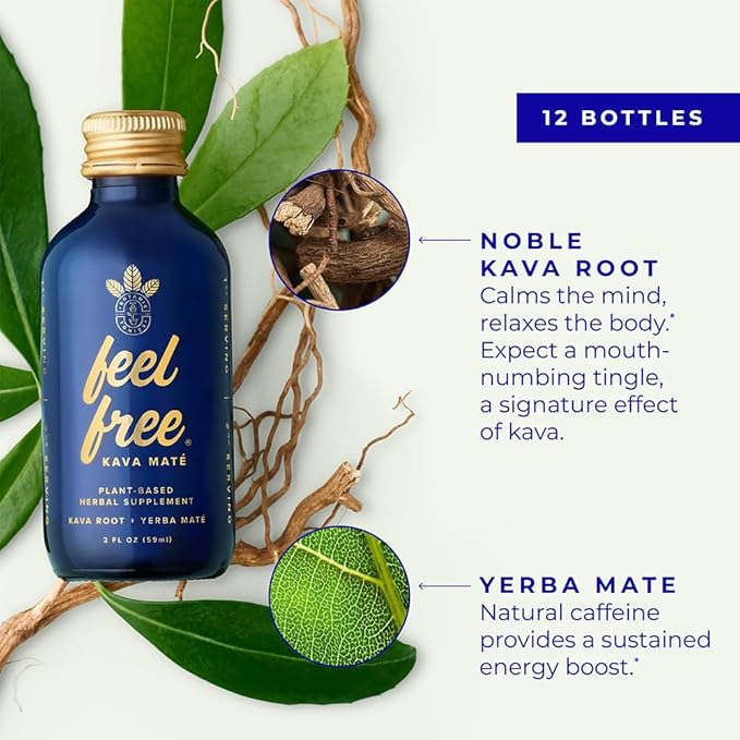Botanic Tonics feel free Kava Mate - Natural Energy with Kava Root and Yerba Mate - Mood Boost &amp Sustained Energy - Improved Flavor - Pack of 12 (24 Servings)