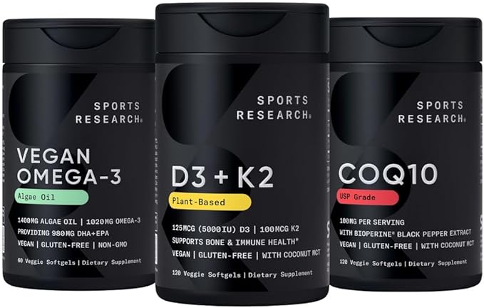 Sports Research® Vegan Supplements Pack - Vegan Omega-3 Fish Oil Alternative from Algae Oil + Vitamin D3 + K2 + CoQ10