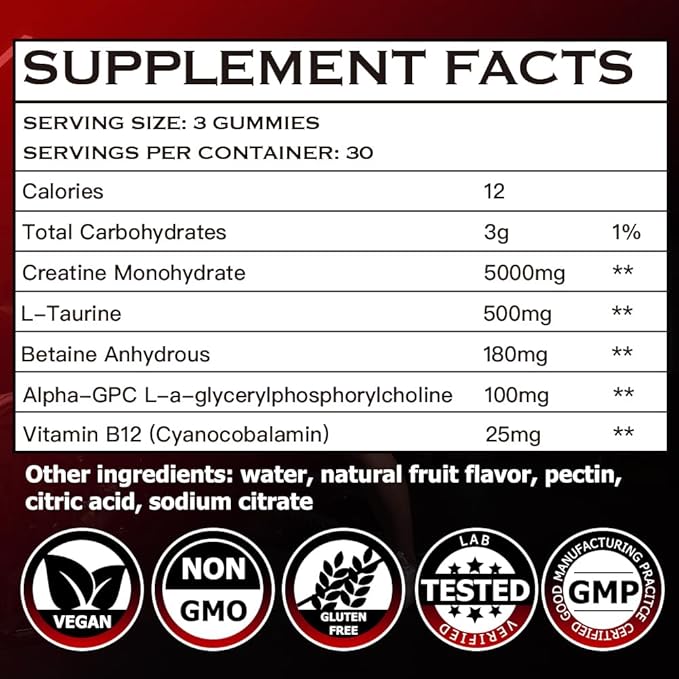 Creatine Monohydrate Gummies Complex for Men &amp Women – 5000mg Creatine per Serving with L-Taurine &amp Vitamin B12 – Pre-Workout Muscle Strength Energy &amp Recovery Support – Vegan Sugar-Free