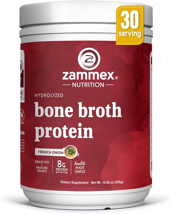 Zammex Beef Bone Broth Protein Powder - Grass-Fed Hydrolyzed Collagen Supports Hair Skin and Joint &amp Bone Health Pasture Raised Keto Paleo Friendly 30 Servings- French Onion