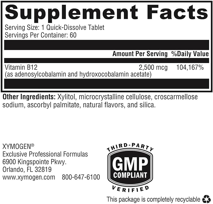 XYMOGEN Adeno+Hydroxo B12-2500 mcg Non-Methylated Vitamin B12 - Nervous System &amp Cellular Energy Support - Quick-Dissolve Tablets - Fruit Punch Flavor - 60 Tablets