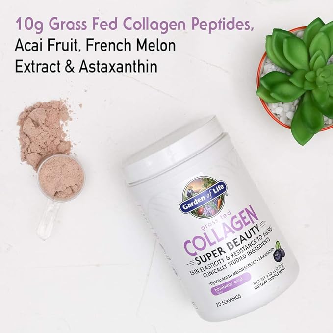 Garden of Life Grass Fed Collagen Powder Blueberry Acai Hydrolyzed Collagen Peptides Powder Supplement Drink Mix 20 Servings