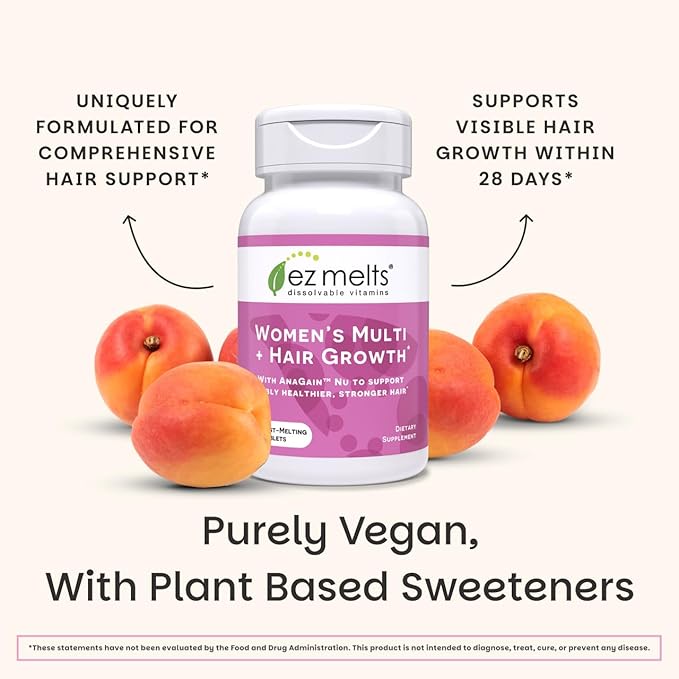 EZ Melts Women's Multi + Hair Growth - Daily Multivitamin for Women - Supports Healthy Energy Levels &amp Reduced Hair Shedding - Non-GMO &amp Vegan - Peach - 60 Dissolvable Tablets (30 Servings)