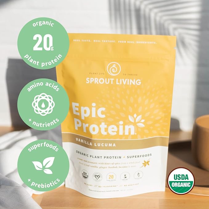 Sprout Living Epic Protein Bundle - Vanilla Lucuma &amp Pro Collagen (20g Organic Plant-Based Protein Powder Vegan Gluten Free Superfoods) | 1lb 12 Servings