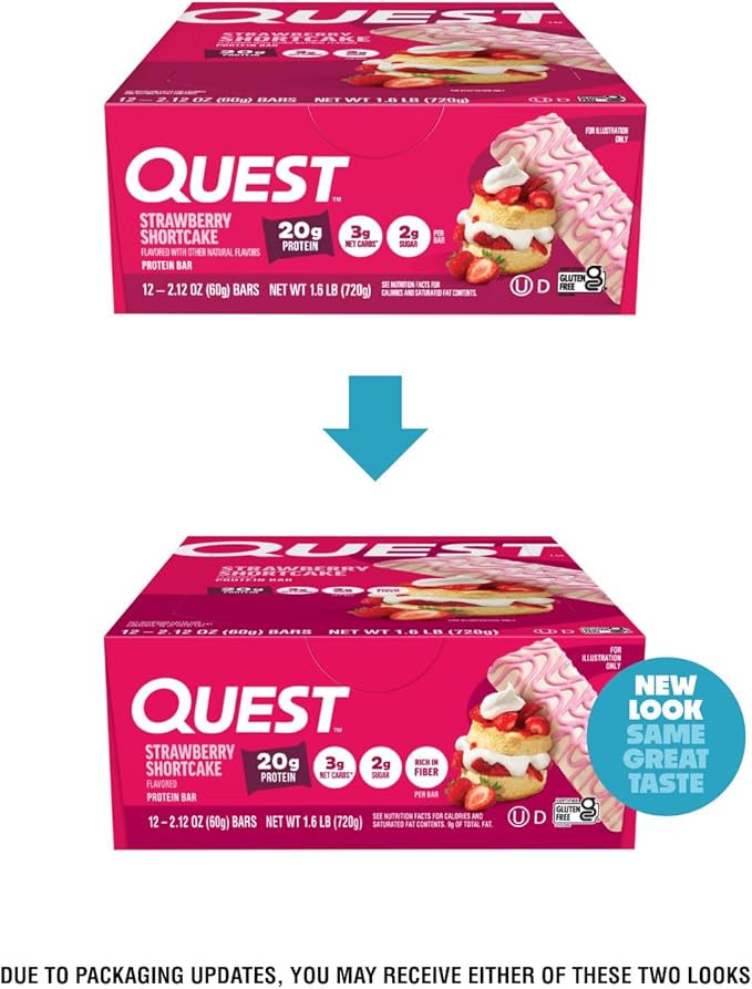 Quest Nutrition Protein Bars Strawberry Shortcake 20g Protein 2g Sugar 3g Net Carbs 10g Fiber Gluten Free 12 Count