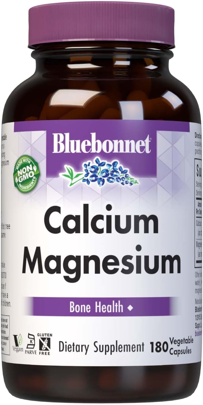 Bluebonnet Nutrition Calcium &amp Magnesium Bone Health* Soy-Free Gluten-Free Non-GMO Vegan Kosher Parve 180 Vegetable Capsules 60 Servings