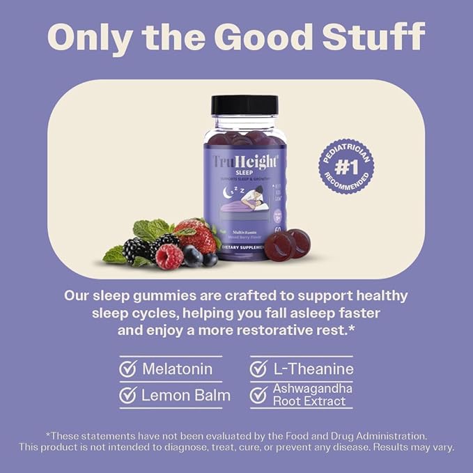 TruHeight Sleep Gummies - Kids &amp Teen Natural Sleep Aid for Tall &amp Growing Bodies - Pediatric Recommended Growth - Melatonin Gummy Ashwagandha L-Theanine Lemon Balm - Mixed Berry Taller Ag
