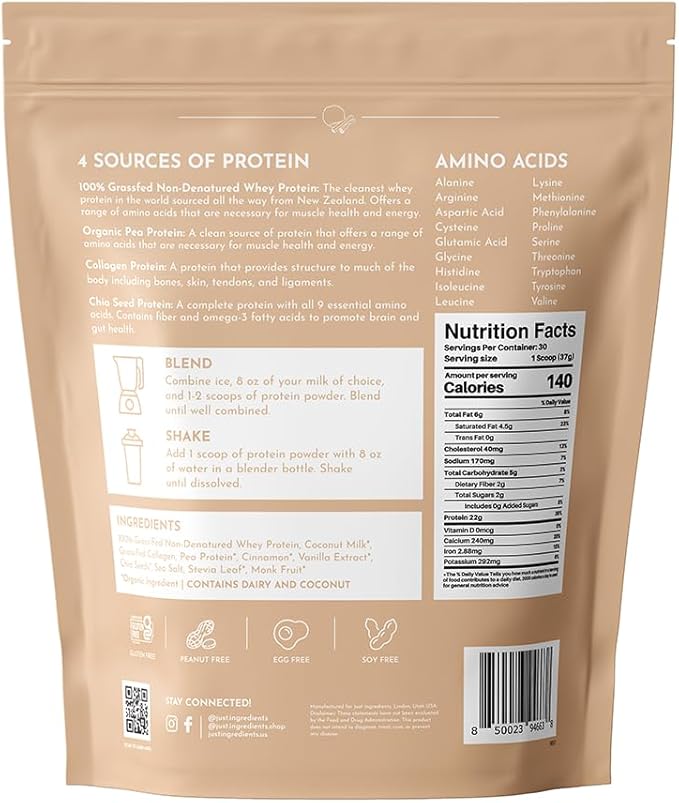 JUST INGREDIENTS Snickerdoodle Protein Powder - Grass-Fed Whey Plant Proteins Cinnamon Vanilla - 30 Servings