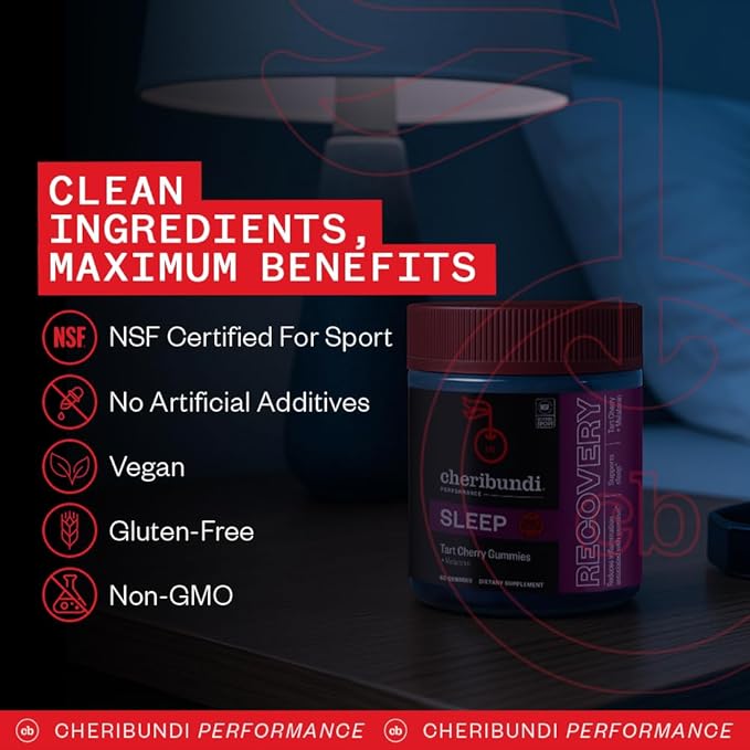 Cheribundi Tart Cherry Gummies Sleep | Performance for Maximum Recovery with 25 Tart Cherries | Powerful Antioxidant Support Non-GMO Gluten-Free Vegan | 20 Calories per Serving | 60 Count