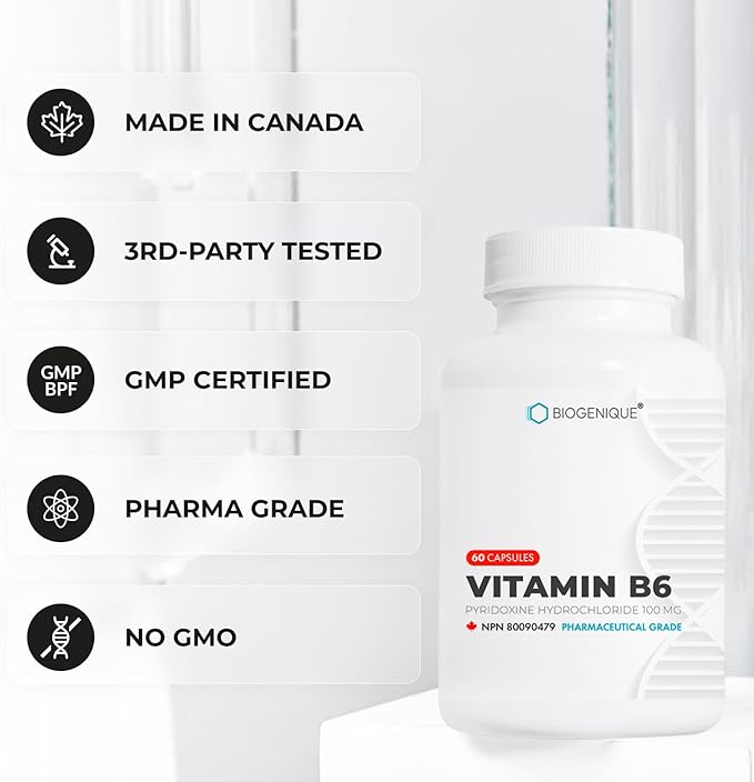 Vitamin B6 100 mg - Capsules B6 Pyridoxin - Supports Energy Production &amp Metabolism - 2 Months Supply Vitamin B6 Supplement Made in Canada Non-GMO Vegan (60 Count)