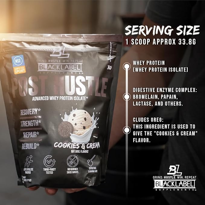 BLACKLABEL Supplements Post Hustle Post Workout Protein Powder 30 Servings – NSF Certified for Sport Whey Isolate Protein Powder with Digestive Enzymes – Cookies &amp Cream