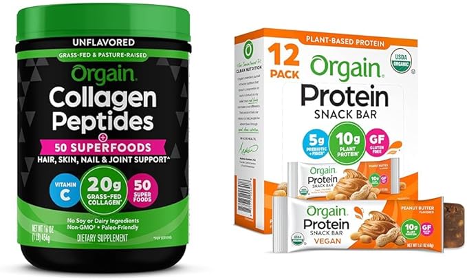 Orgain Hydrolyzed Collagen Powder + 50 Organic Superfoods 20g Grass Fed Collagen Unflavored Organic Vegan Protein Bars Peanut Butter - 10g Plant Based Protein Bundle