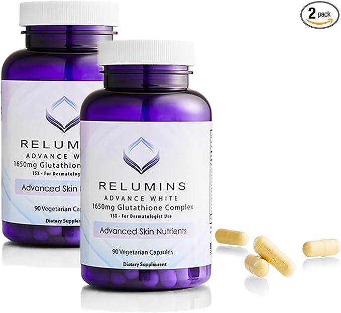 Relumins L-Glutathione Complex 1650mg - New Year New You Antioxidant Support with Alpha Lipoic Acid NAC L-Methionine &amp Vitamin E for Skin Health Made in USA - 90 Vegetarian Capsules x 2 Bottl