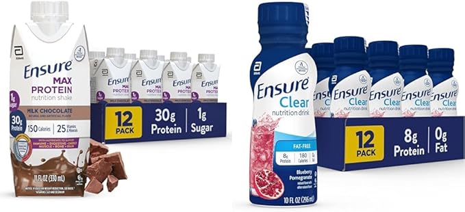 Ensure Max Protein Nutrition Shake 30g Protein 12 Pack + Ensure Clear Nutrition Drink 0g Fat Blueberry Pomegranate 10 Fl Oz 12 Pack