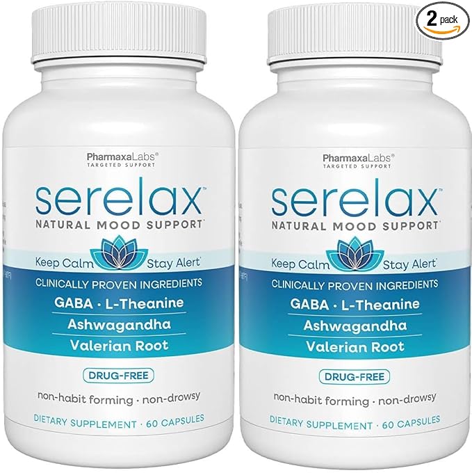 Stress Relief Supplement - Supports Mood &amp Mental Focus - Feel Calm and Relaxed - Eases Tension &amp Nervousness - Ashwagandha GABA Valerian &amp L-Theanine - 60 Capsules (Pack of 2)