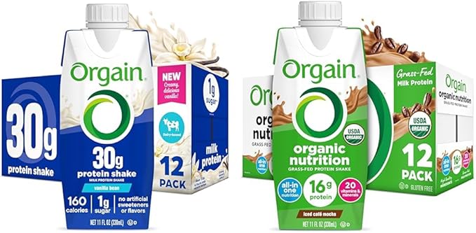 Bundle of Orgain 30g High Protein Shake Vanilla Bean 5g BCAAs 11 Fl Oz + Orgain Organic Nutritional Protein Shake Iced Café Mocha16g Grass Fed Whey Protein Vitamins 11 Fl Oz 12 Pack Each