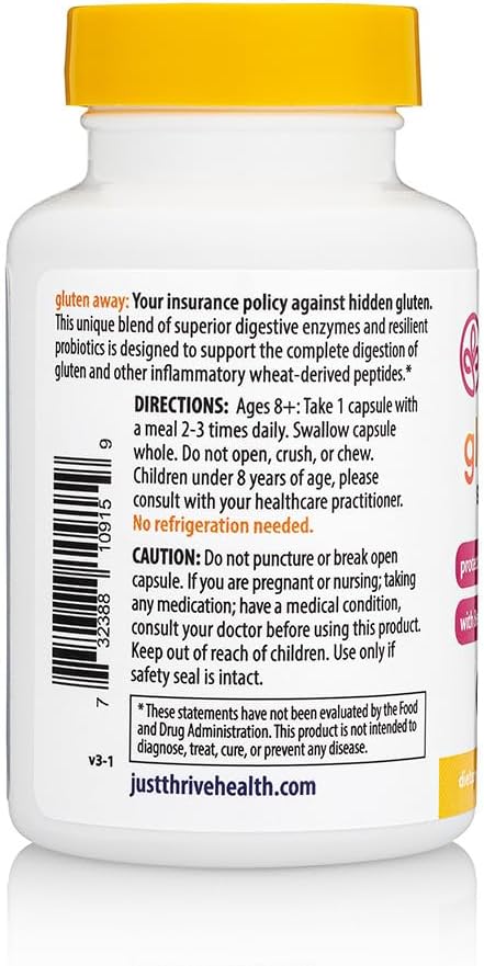 Just Thrive Gluten Away - 30 Servings Digestive Enzymes + Probiotic Support for Gluten Defense - Vegan Gut Health Supplement